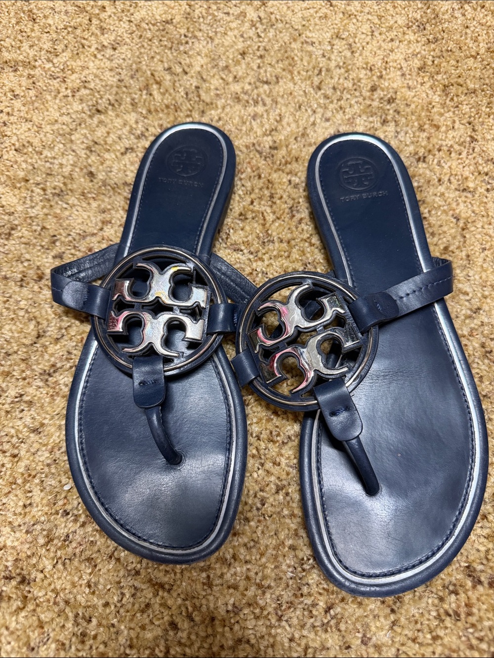 Tory Burch navy leather logo miller thong sandals